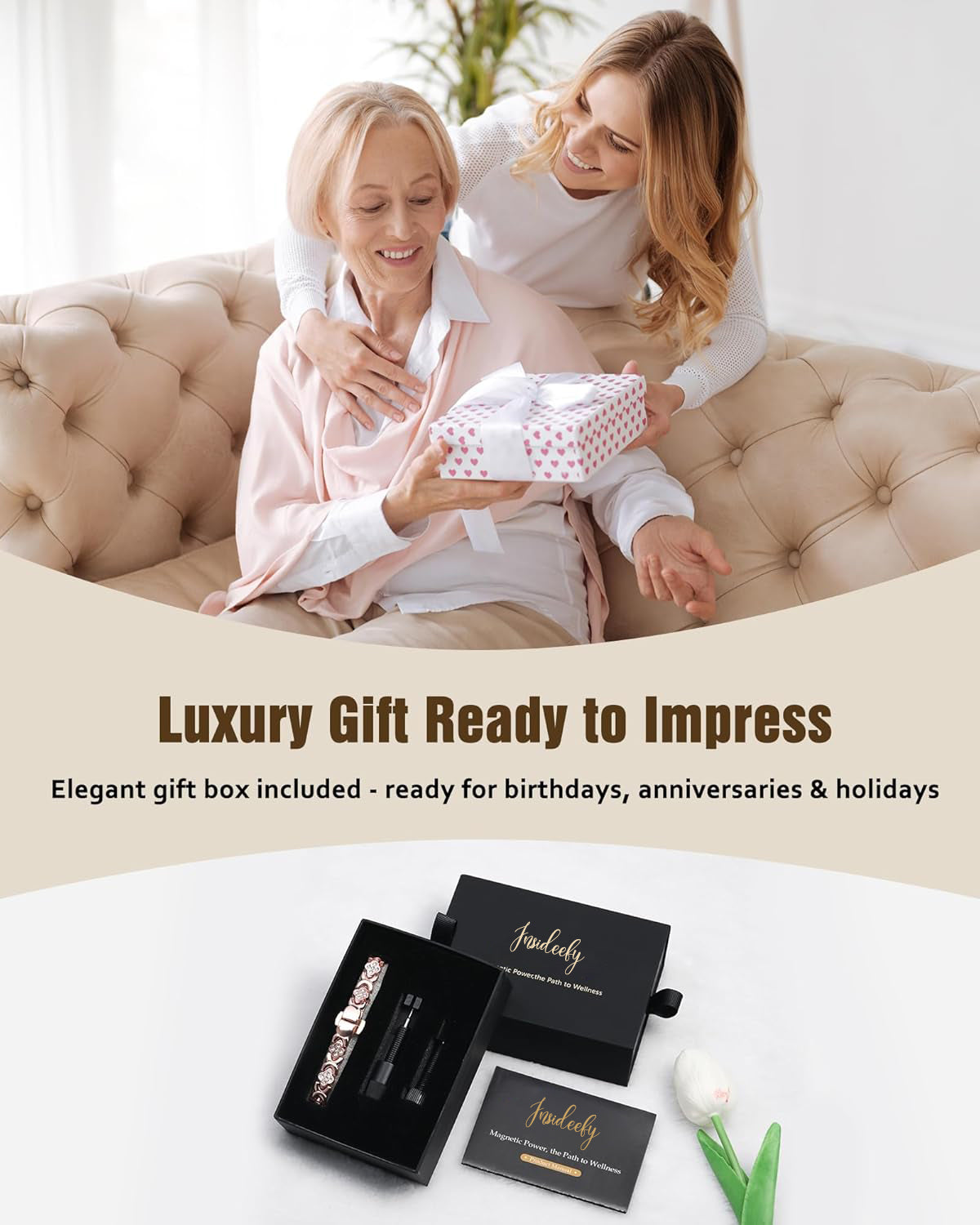 🔥LAST DAY SALE-60%🎉Insideefy 5X Magnetic Copper Bracelet for Women | 5000 Gauss Magnets | Adjustable Butterfly Clasp | Gold-Rose Four-Leaf Clover Design